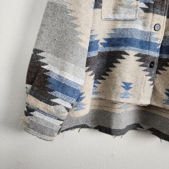 NWT La Miel Aztec Grey Blue Frayed Distressed Oversized Shacket Jacket L - Picture 8 of 12